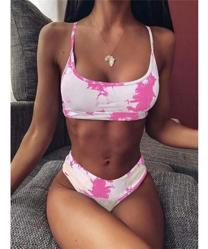 2020 Women's Sexy Tie-Dye Bikini Set Vintage Scoop Neck Front Knot Tops Ruffle Bottom Swimsuit - G-pink - CJ1903E2WQO $21.93-...