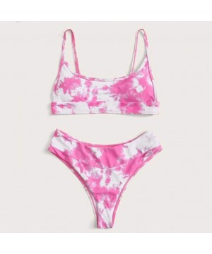 2020 Women's Sexy Tie-Dye Bikini Set Vintage Scoop Neck Front Knot Tops Ruffle Bottom Swimsuit - G-pink - CJ1903E2WQO $21.93-...