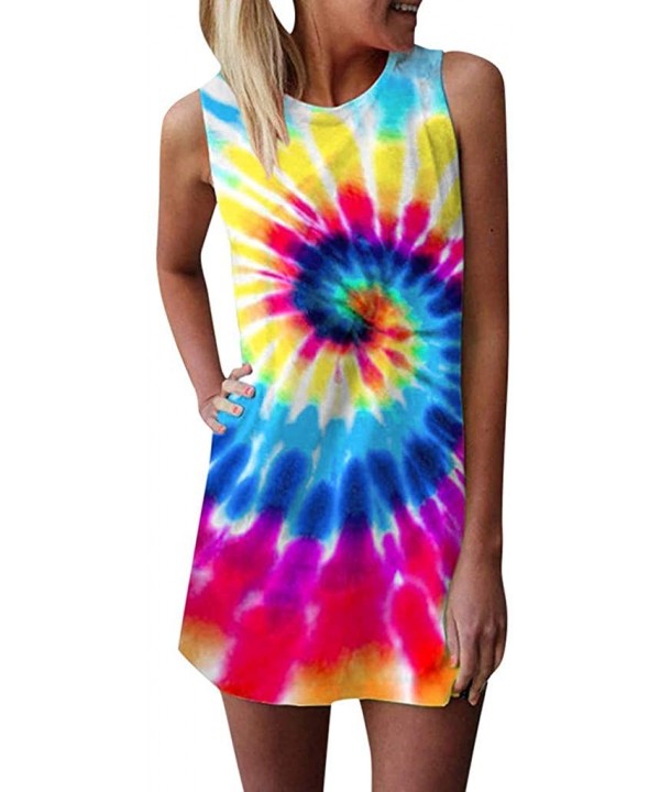 Dresses for Women Casual Summer-Tie Dye Tunic Tops Mini Dresses Beach Cover Up Tank Dress Sundress - Hot Pink - CX190N0NXS3 $...