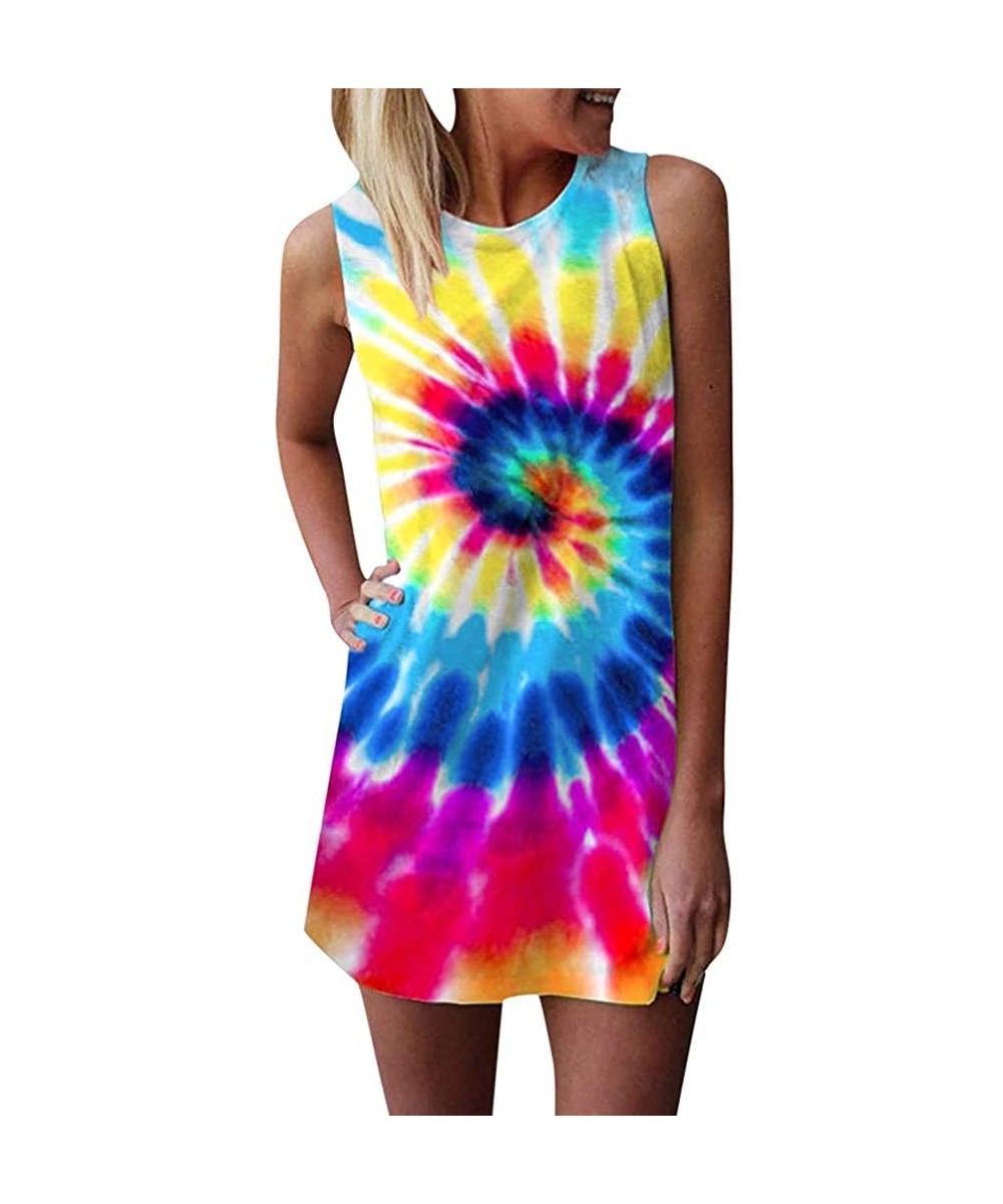 Dresses for Women Casual Summer-Tie Dye Tunic Tops Mini Dresses Beach Cover Up Tank Dress Sundress - Hot Pink - CX190N0NXS3 $...