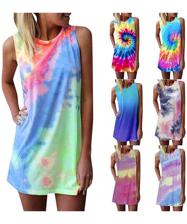 Dresses for Women Casual Summer-Tie Dye Tunic Tops Mini Dresses Beach Cover Up Tank Dress Sundress - Hot Pink - CX190N0NXS3 $...