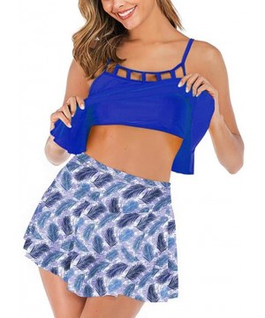 Women Tankini Set with High Waisted Pantskirt Bikini Set Push Up Printed Ruffled Swimsuit Swimwear - Blue-b - C418UMLIIGM $18...