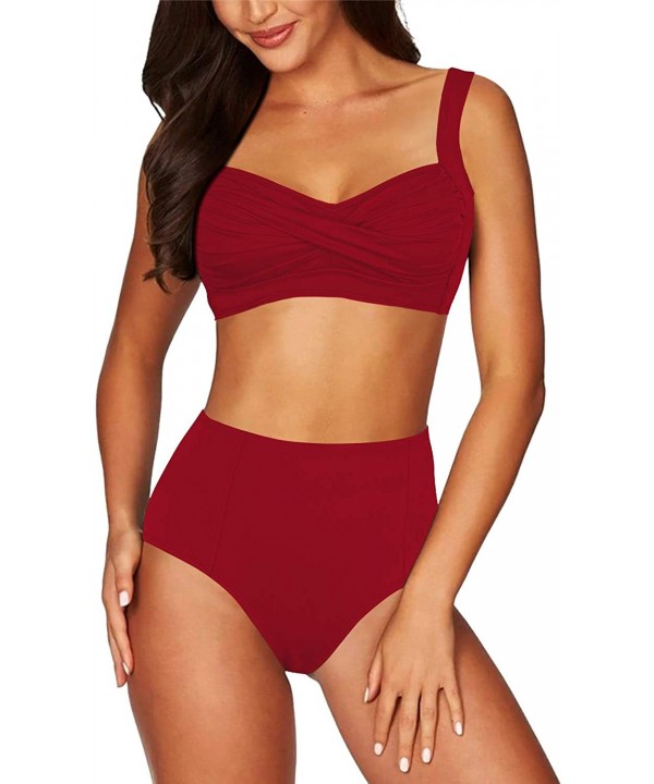 Women's Push Up 2 Piece Bikini High Waisted Swimsuit Bathing Suit - Red - CN1905ZMTYN $19.93-Sets