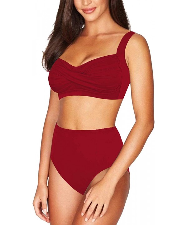 Women's Push Up 2 Piece Bikini High Waisted Swimsuit Bathing Suit - Red - CN1905ZMTYN $19.93-Sets