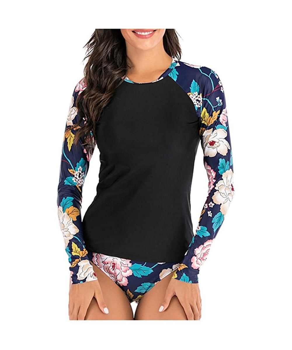 Womens Long Sleeve Rashguard Swimsuit Sport Swimwear Tankini Set - Black - C0194KR97YH $19.55-Rash Guards