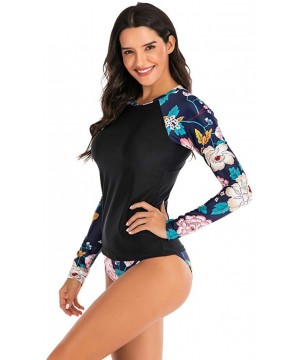 Womens Long Sleeve Rashguard Swimsuit Sport Swimwear Tankini Set - Black - C0194KR97YH $19.55-Rash Guards