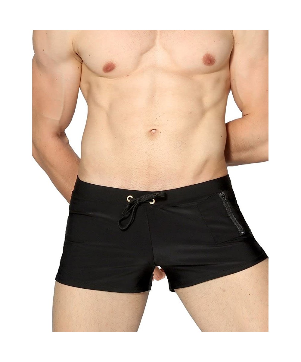 Men Swim Trunks Shorts Beach Shorts with Zipper Pockets - 01black - C018HWGKO66 $11.81-Trunks