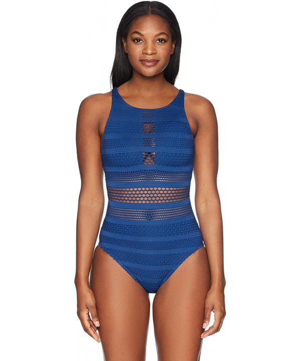 Women's Sheer Thing One-Piece Swimsuit - Hi-neck Navy - CM185QS36Y6 $35.19-One-Pieces