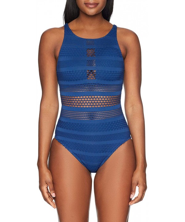 Women's Sheer Thing One-Piece Swimsuit - Hi-neck Navy - CM185QS36Y6 $35.19-One-Pieces