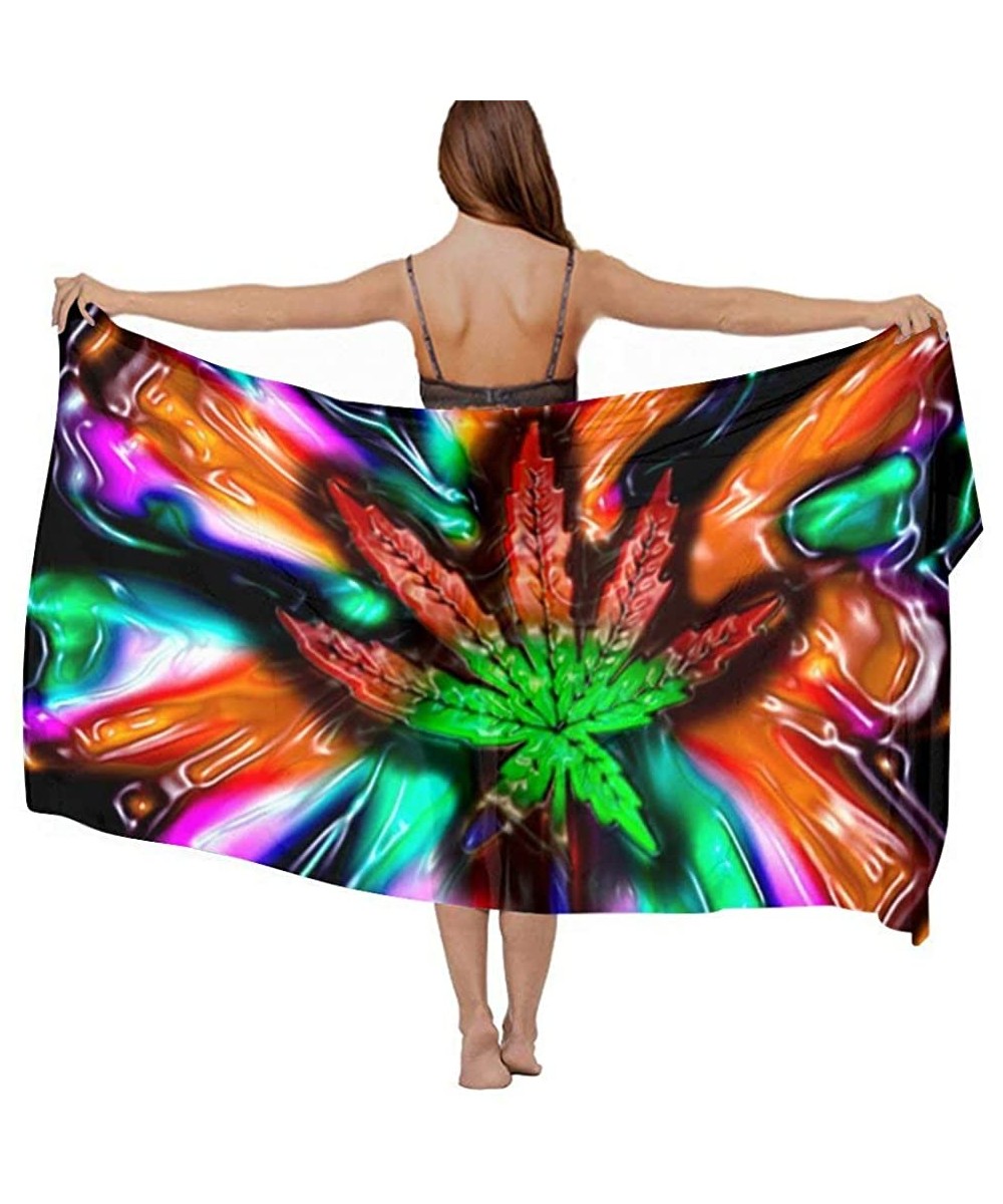 Women Girl Fashion Chiffon Scarf Bikini Cover Up Summer Beach Sarong Wrap Trippy Multi Color Marijuana Leaf Weed - CT19C6NZRQ...