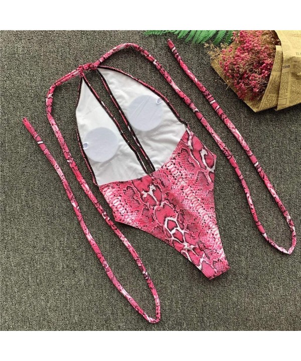 Women Sexy One-Piece Swimsuit Snake Print Bandage Backless Bikini Set Beachwear - Pink - CM18TZZKQR7 $15.87-One-Pieces