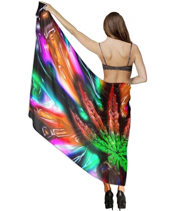 Women Girl Fashion Chiffon Scarf Bikini Cover Up Summer Beach Sarong Wrap Trippy Multi Color Marijuana Leaf Weed - CT19C6NZRQ...