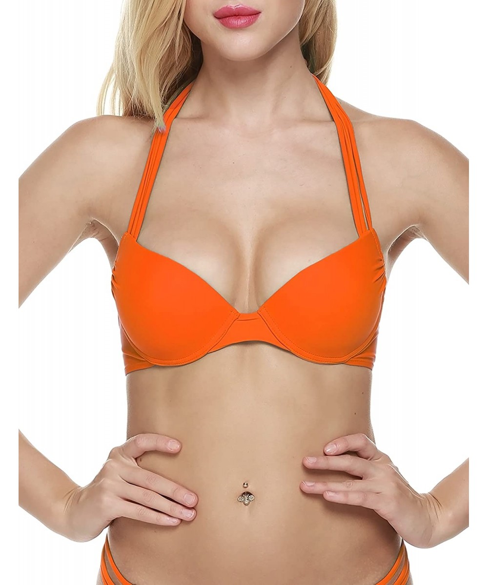 Women's Sexy Push-up Bikini Strap Halter Neck Swimwear Top Only Orange- Orange-top- Small - CK12FIR138J $9.39-Tankinis