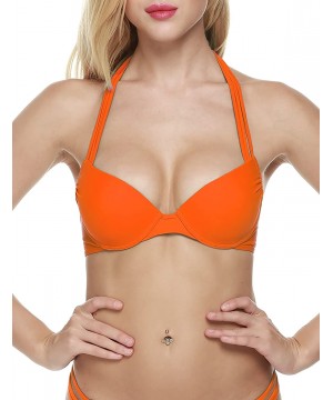 Women's Sexy Push-up Bikini Strap Halter Neck Swimwear Top Only Orange- Orange-top- Small - CK12FIR138J $9.39-Tankinis