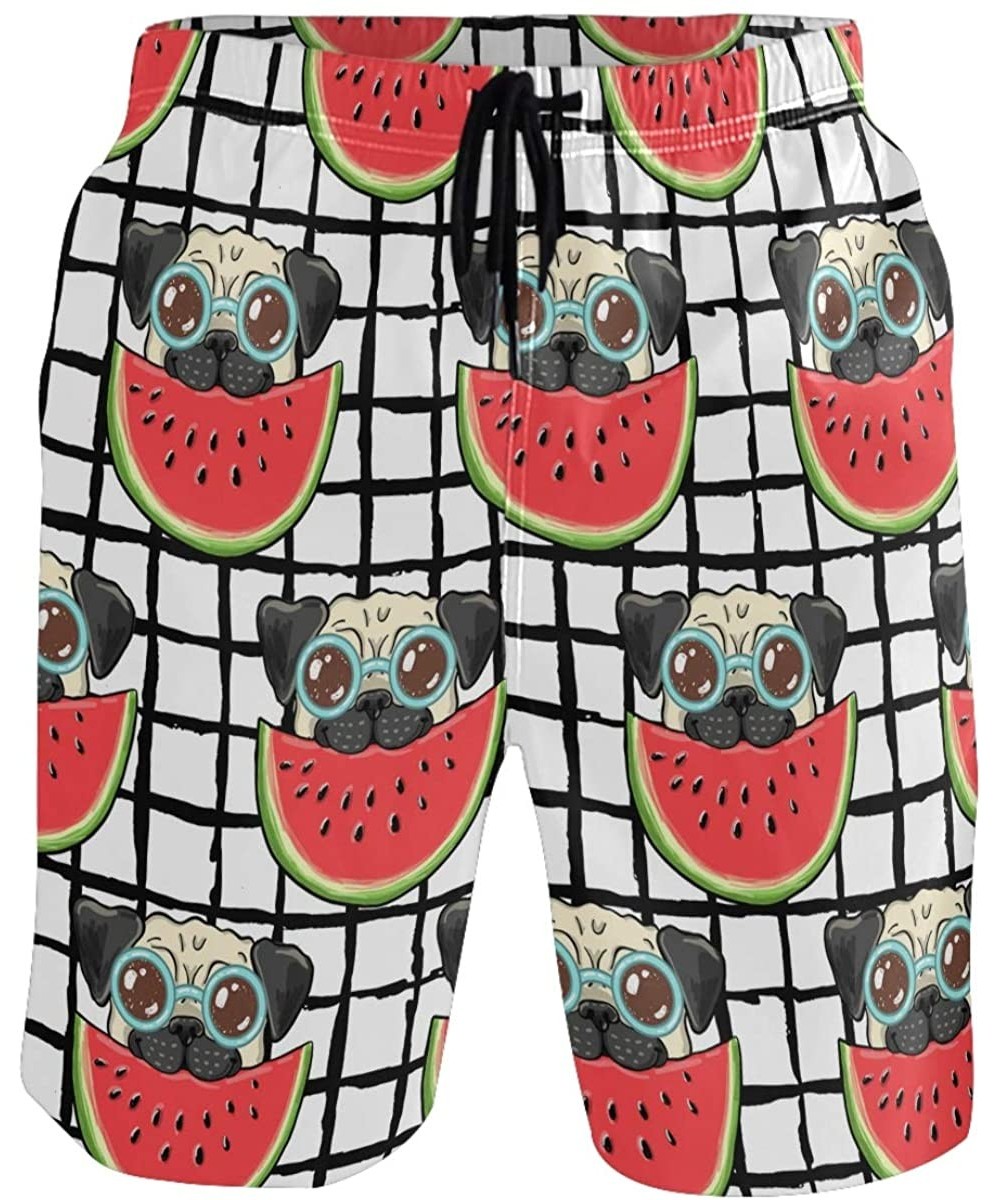 Men's Swim Trunks - Cute Pug Eating Watermelon Elastic Waist Board Shorts - C7190EEQ5KM $27.75-Board Shorts