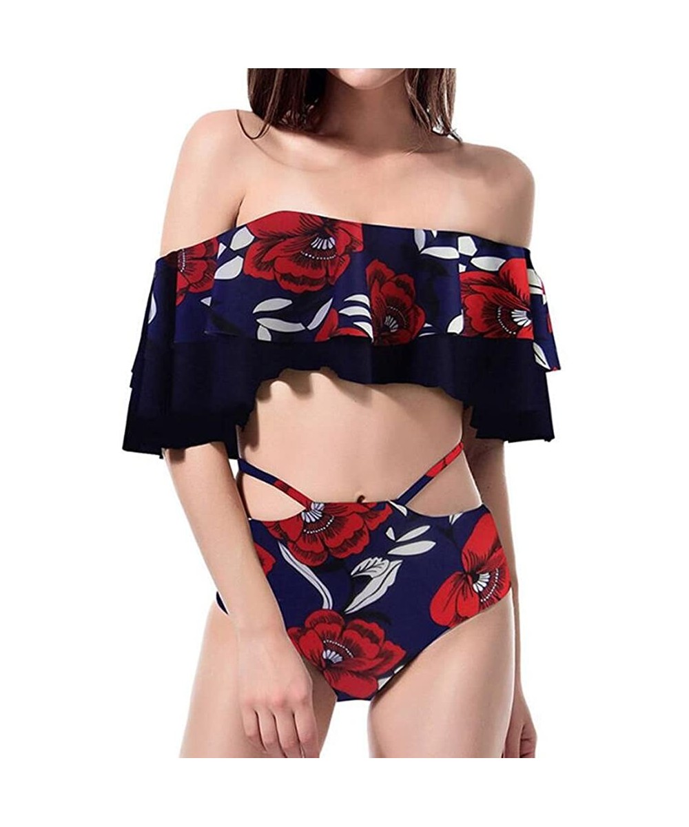 Women's Off Shoulder Flounce Bikini Swimsuit - Purple Blue Floral - CP18C0QDW9G $22.09-Sets