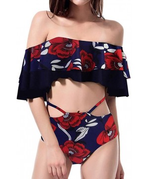 Women's Off Shoulder Flounce Bikini Swimsuit - Purple Blue Floral - CP18C0QDW9G $22.09-Sets