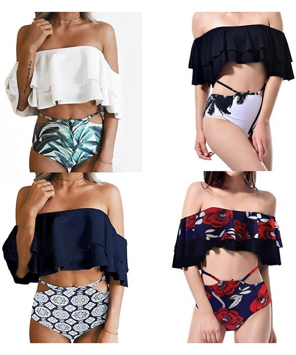 Women's Off Shoulder Flounce Bikini Swimsuit - Purple Blue Floral - CP18C0QDW9G $22.09-Sets