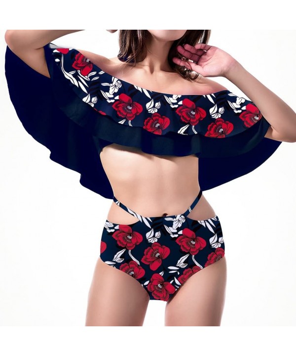 Women's Off Shoulder Flounce Bikini Swimsuit - Purple Blue Floral - CP18C0QDW9G $22.09-Sets