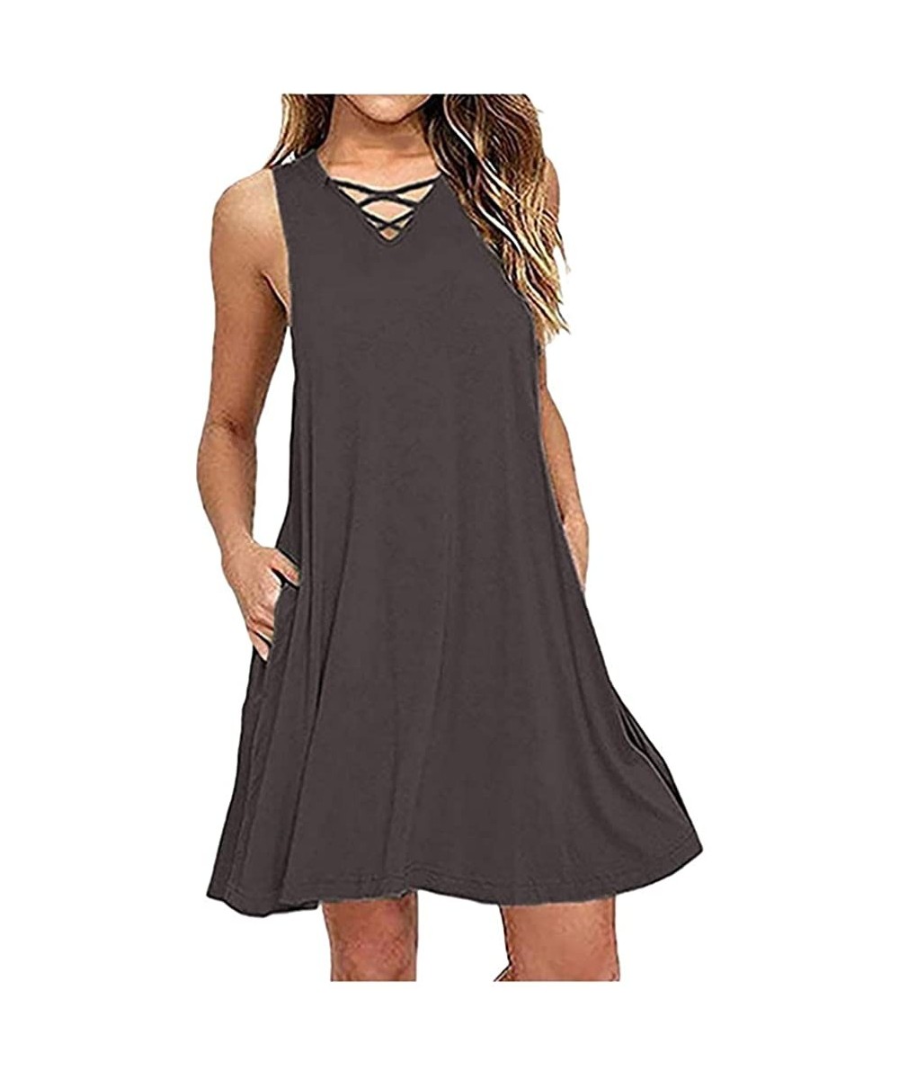 Plus Size Women Dresses Casual Loose Summer Tunic Tank Dress Pleated Swing Midi Dress Beach Sundress - 1-gray - CM190HALA89 $...