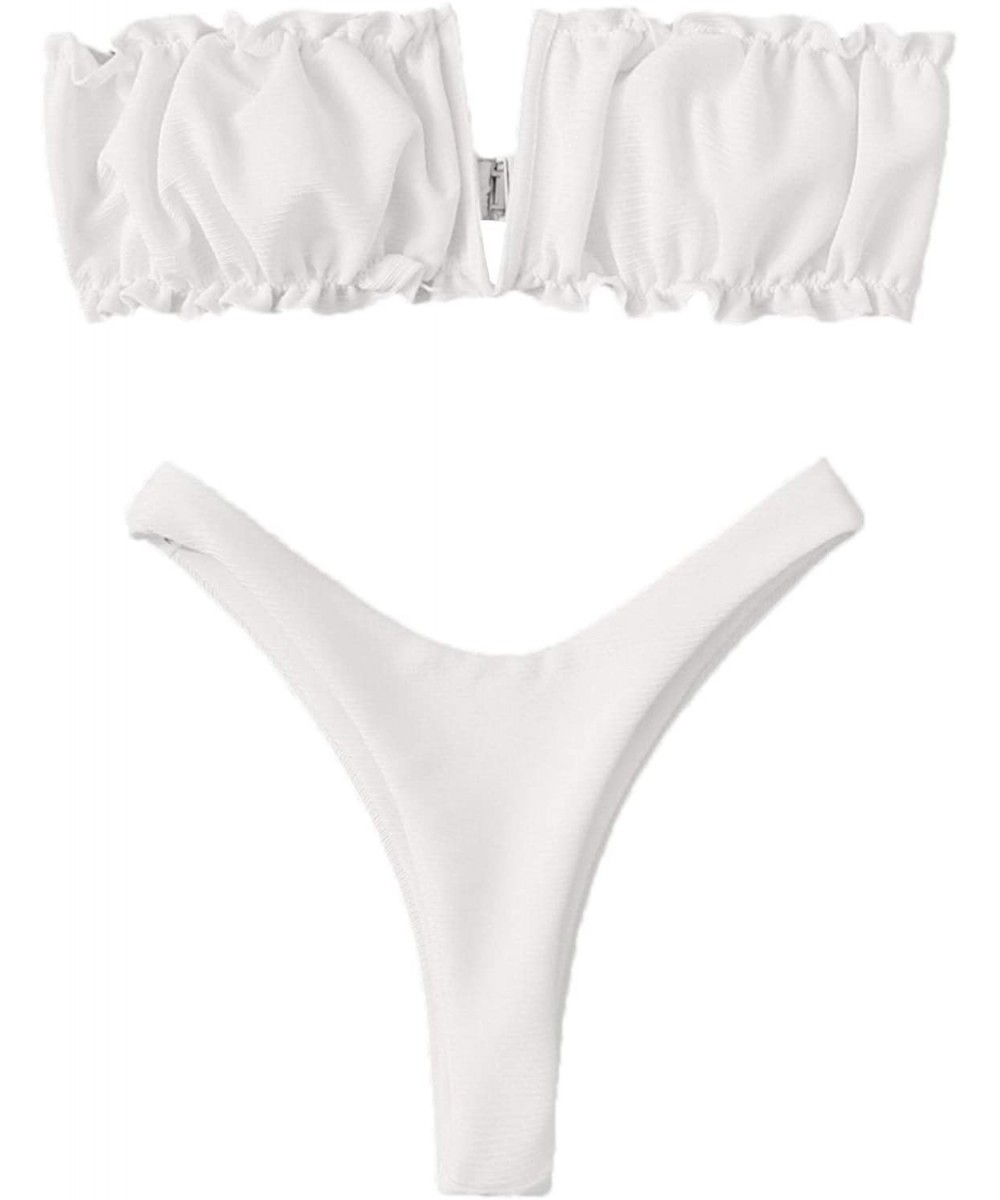 Women's 2 Pieces Knot Front Bandeau Bikini Swimsuits Frill Trim Bathing Suit - White 2 - CN196U3D3T2 $18.36-Sets