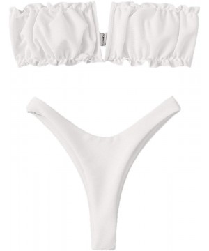 Women's 2 Pieces Knot Front Bandeau Bikini Swimsuits Frill Trim Bathing Suit - White 2 - CN196U3D3T2 $18.36-Sets