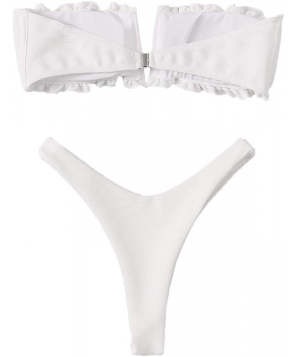 Women's 2 Pieces Knot Front Bandeau Bikini Swimsuits Frill Trim Bathing Suit - White 2 - CN196U3D3T2 $18.36-Sets