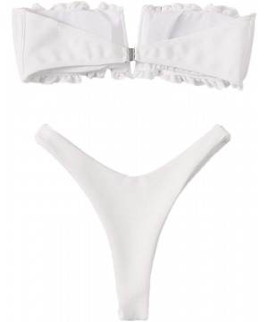 Women's 2 Pieces Knot Front Bandeau Bikini Swimsuits Frill Trim Bathing Suit - White 2 - CN196U3D3T2 $18.36-Sets