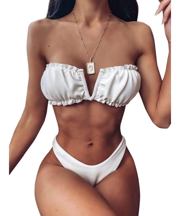 Women's 2 Pieces Knot Front Bandeau Bikini Swimsuits Frill Trim Bathing Suit - White 2 - CN196U3D3T2 $18.36-Sets