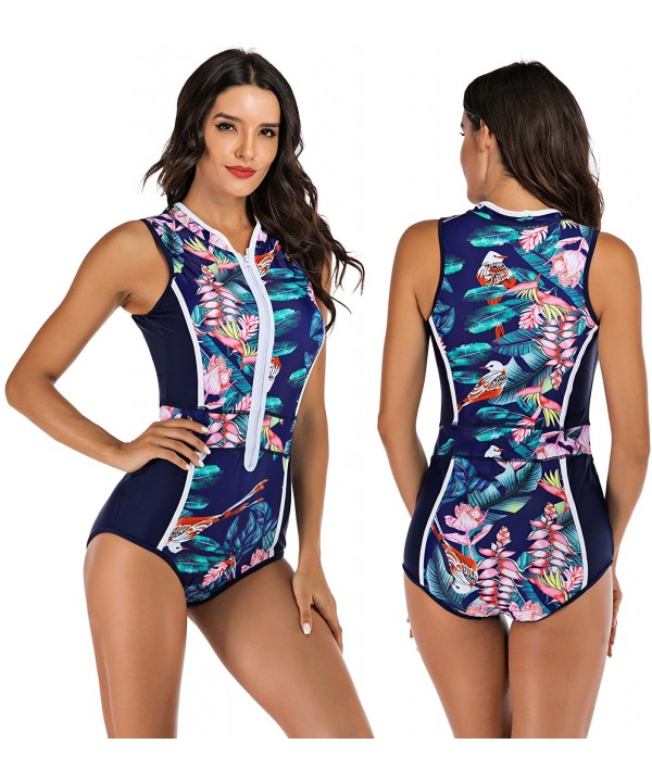 Women's Zip up Printed One Piece Swimsuit Half Sleeve Rash Guard Swimwear UV Protection Surfing Bathing Suits - Fashion Blue ...