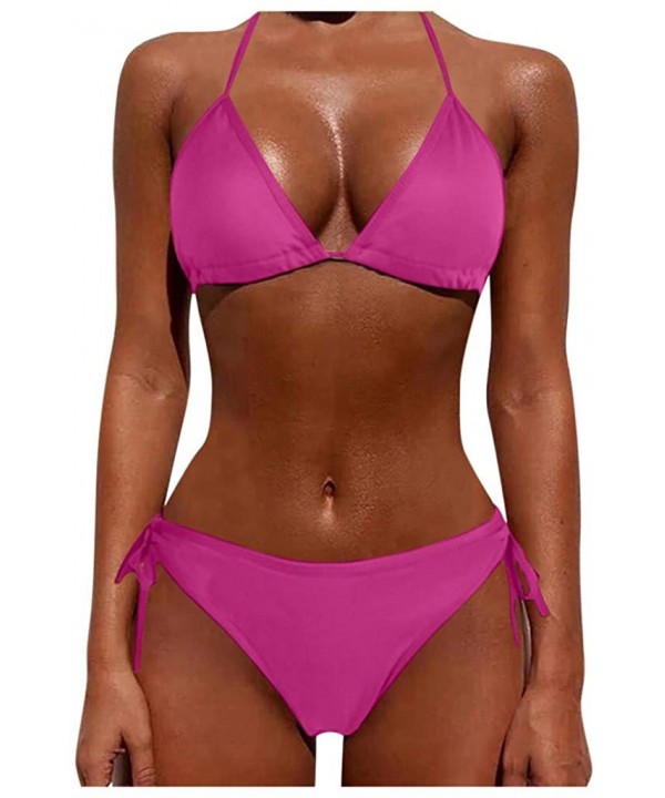 Women Tie Side Bottom Padded Top Triangle Bikini String Beach Bathing Suit Two Piece Swimsuit - Hot Pink - CW196OXZW4G $10.79...