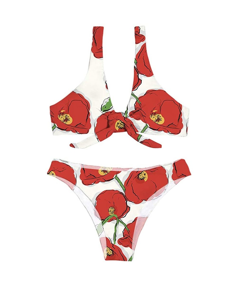 Women's Two Piece Bathing Suit Padded Knot Front Bikini Set - Red Flower - CW18QOG9Z45 $19.64-Sets