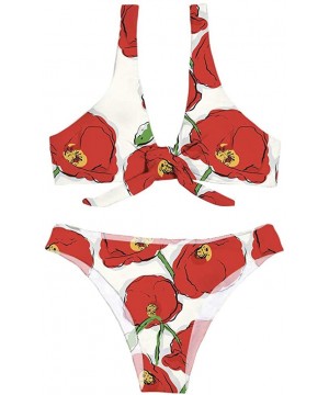 Women's Two Piece Bathing Suit Padded Knot Front Bikini Set - Red Flower - CW18QOG9Z45 $19.64-Sets