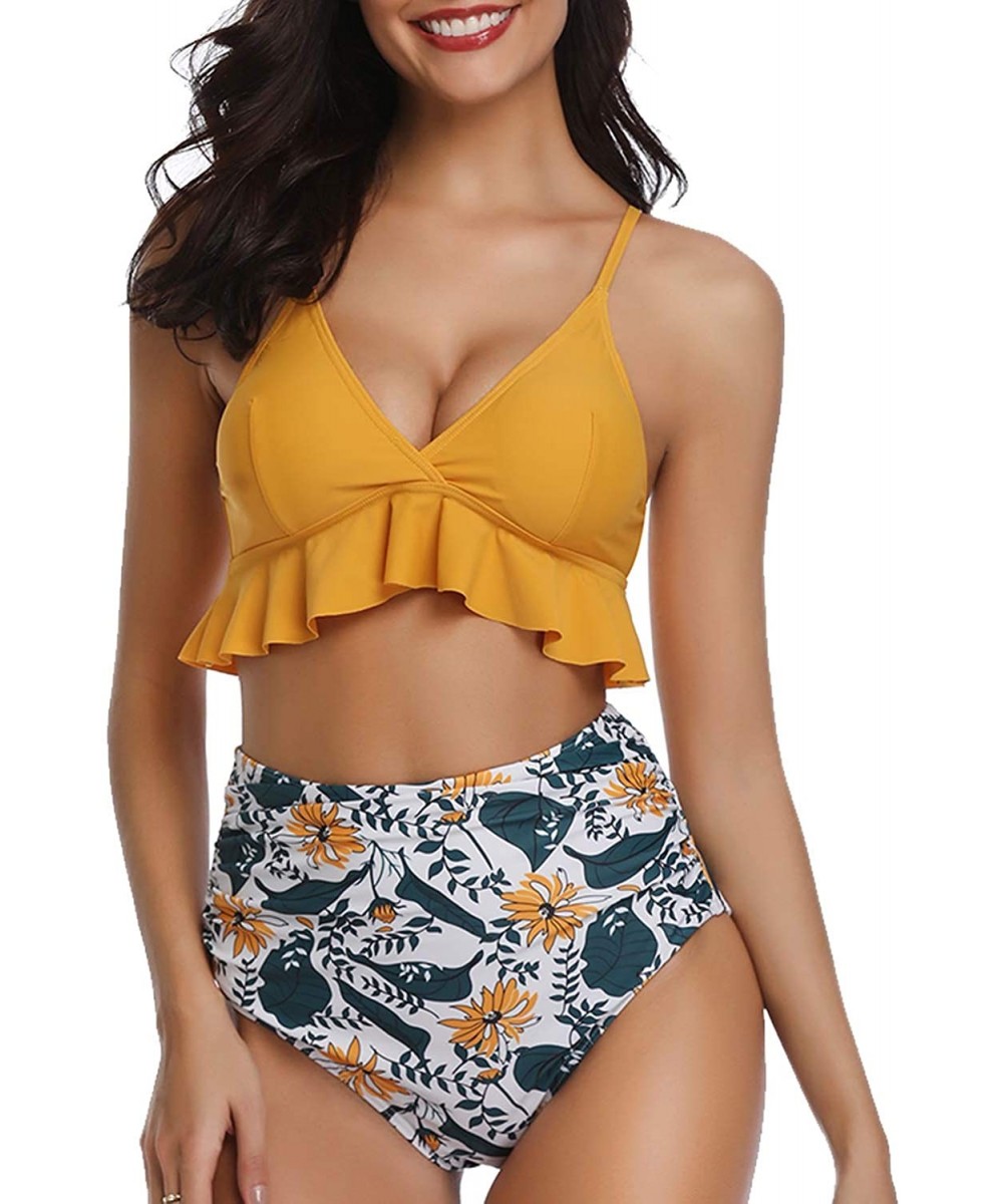 Women High Waisted Bikini Flounce Two Piece Swimsuits V Neck Printed Bathing Suit - Yellow Floral - CI18L8M2T9N $24.04-Sets