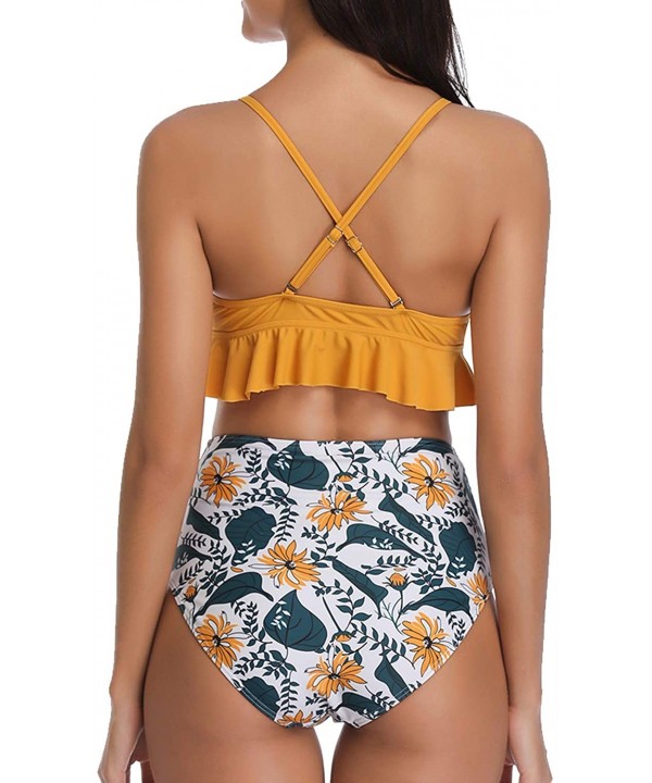 Women High Waisted Bikini Flounce Two Piece Swimsuits V Neck Printed Bathing Suit - Yellow Floral - CI18L8M2T9N $24.04-Sets