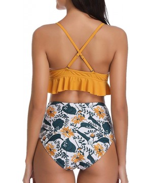 Women High Waisted Bikini Flounce Two Piece Swimsuits V Neck Printed Bathing Suit - Yellow Floral - CI18L8M2T9N $24.04-Sets