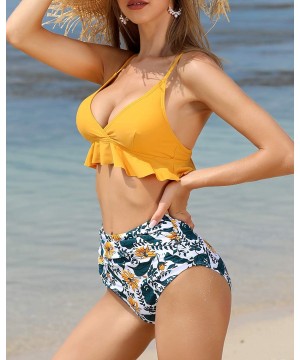 Women High Waisted Bikini Flounce Two Piece Swimsuits V Neck Printed Bathing Suit - Yellow Floral - CI18L8M2T9N $24.04-Sets