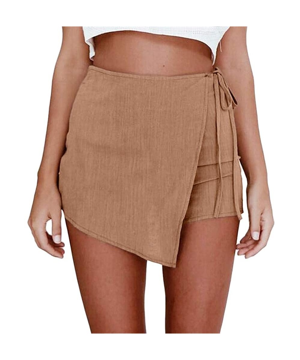 Womens Casual Skirt High Waisted Skorts Side Side Slit Irregular Flanging Wrap Culottes - Khaki - CA18QR9CTTN $13.23-Racing