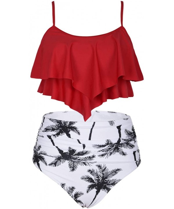 Women's High Waisted Two Piece Swimsuit Flounce Bikini Set Ruffle Bathing Suits - Red&black Leaf - C019EYR2A8Y $26.21-Sets