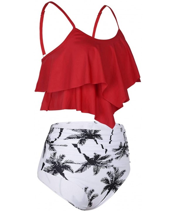 Women's High Waisted Two Piece Swimsuit Flounce Bikini Set Ruffle Bathing Suits - Red&black Leaf - C019EYR2A8Y $26.21-Sets