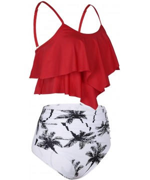 Women's High Waisted Two Piece Swimsuit Flounce Bikini Set Ruffle Bathing Suits - Red&black Leaf - C019EYR2A8Y $26.21-Sets