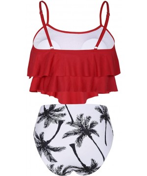 Women's High Waisted Two Piece Swimsuit Flounce Bikini Set Ruffle Bathing Suits - Red&black Leaf - C019EYR2A8Y $26.21-Sets