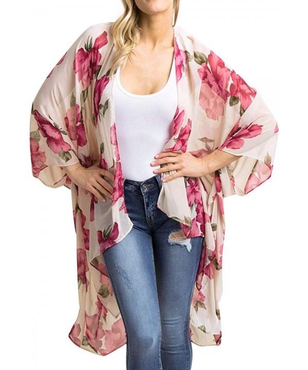 Womens Floral Chiffon Casual Cardigan - Bikini Half Sleeve Kimono Shawl Sun Protection Blouses Beach Wear Cover ups - Style N...