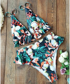 Women High Waisted Swimsuit Ruffle V Neck Bikini Two Pieces Swimwear - Print 27 - CA19E8CZMQA $27.58-Sets