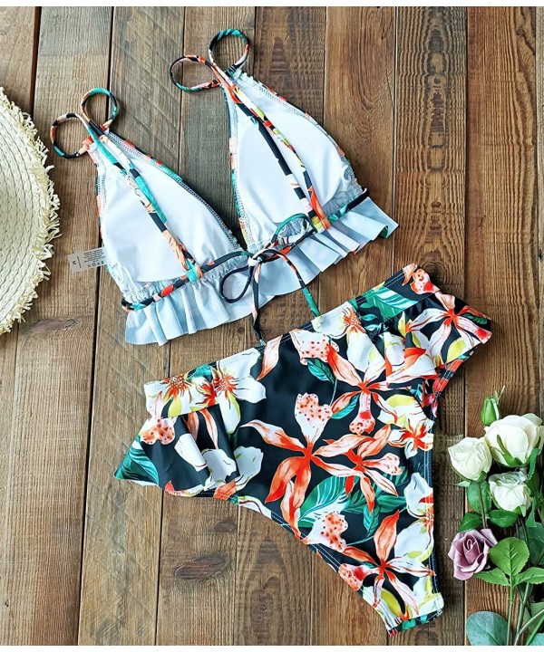 Women High Waisted Swimsuit Ruffle V Neck Bikini Two Pieces Swimwear - Print 27 - CA19E8CZMQA $27.58-Sets