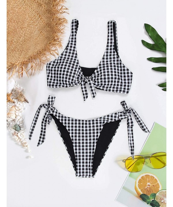 Womens Two Piece Swimsuits Cute Bikini Gingham Padded Push Up Tie Knot Bathing Suits - Gingham 2 - C418AZEH4DN $20.79-Sets