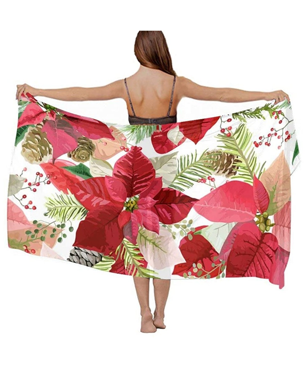 Women Luxury Chiffon Swimwear Cover Up- Oversize Beach Sarong Shawl Wrap - Poinsettia Flowers Seamless Background - CN19C4QAC...