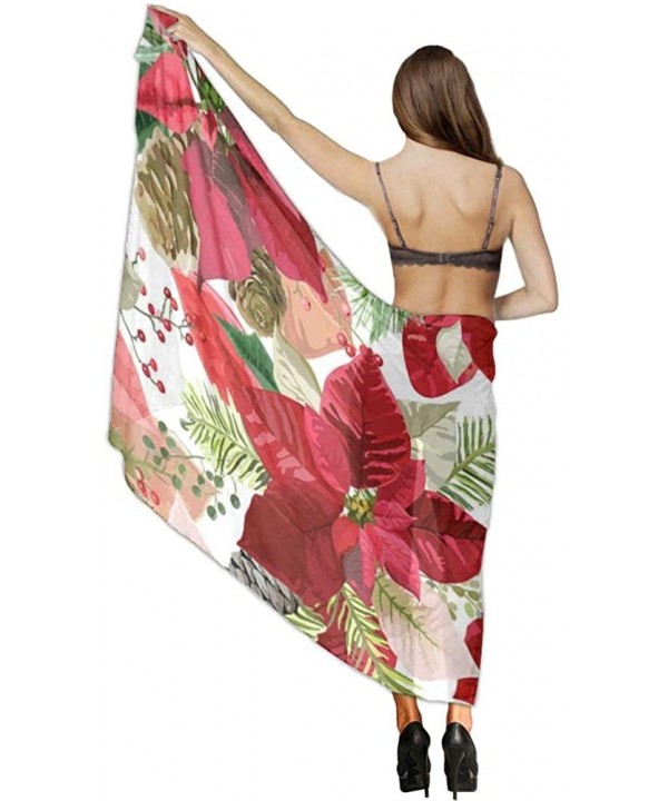 Women Luxury Chiffon Swimwear Cover Up- Oversize Beach Sarong Shawl Wrap - Poinsettia Flowers Seamless Background - CN19C4QAC...