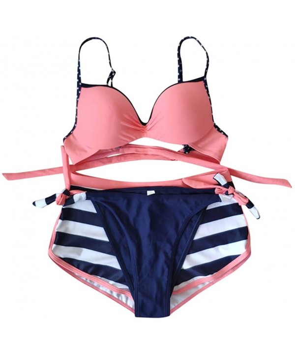 Womens Fashion Sexy Striped 3 PC Bikini Push Up Bra Tie Knot Side Thong Boy Shorts Swimsuit Set Tankini Swimwear Pink - C418U...