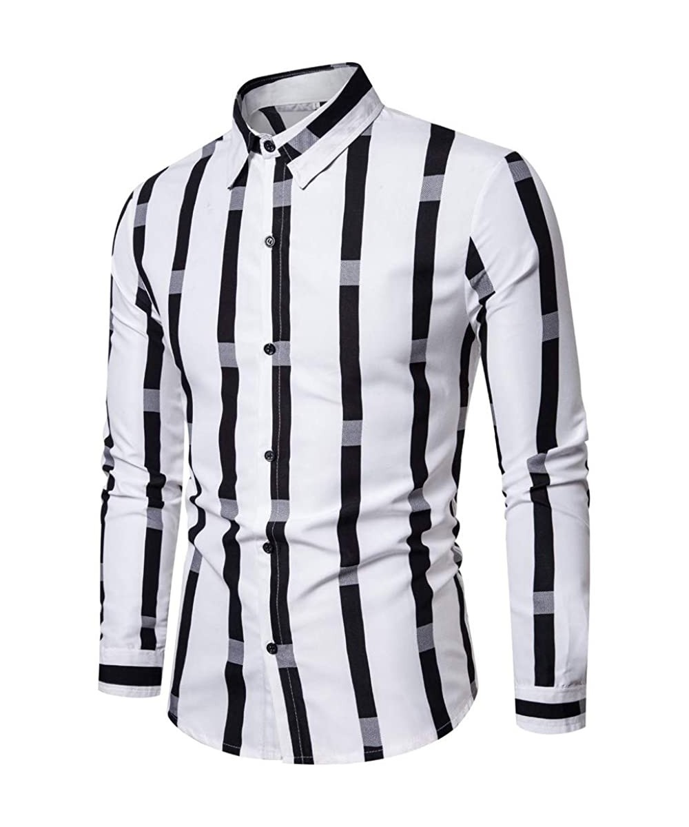 Long-Sleeved Shirt Men Splicing Striped Business Leisure Retro Top Blouse Tee - White - CJ1942I9C9N $18.46-Rash Guards